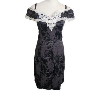 Women's Black & White Vtg 1980s Solid Color Floral Print Cocktail Dress Sz 9/10